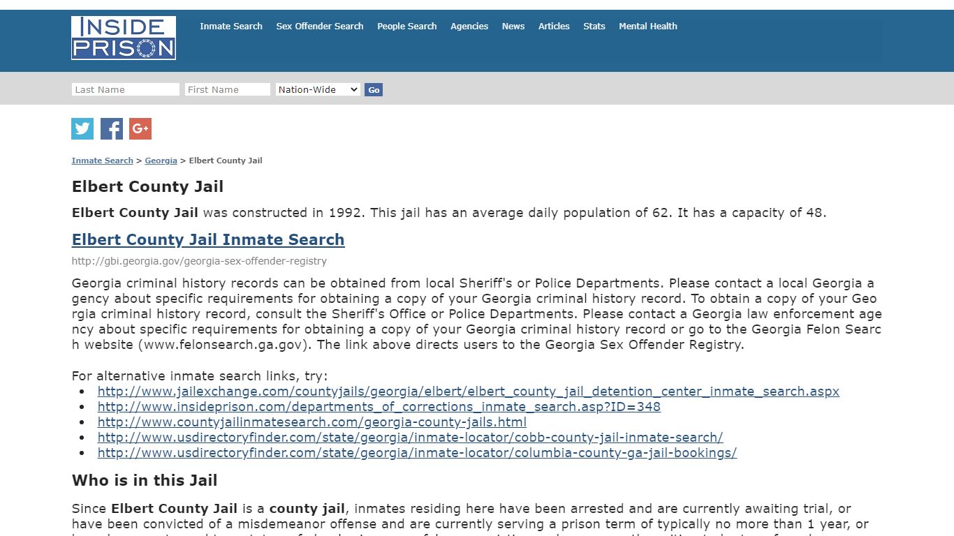 Elbert County Jail - Georgia - Inmate Search